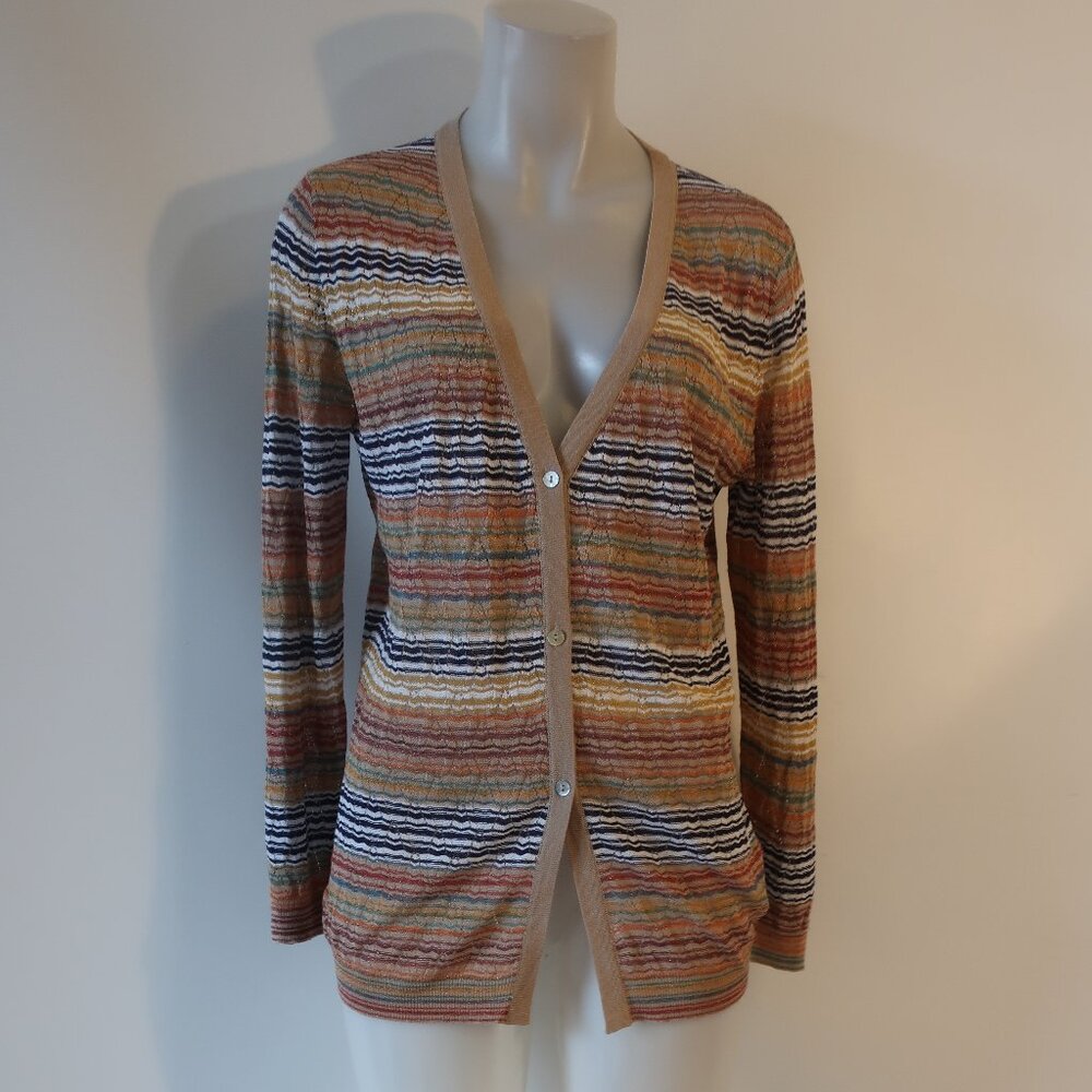 Womens Knitss Beige, Multi Print Button Down Cardigan Sweater S